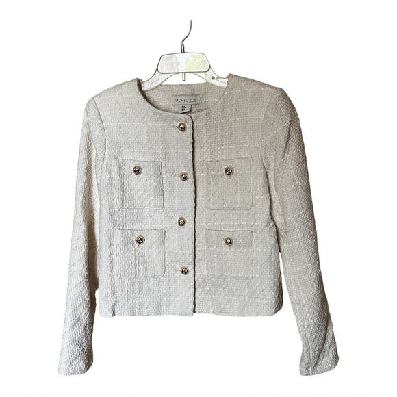 Rachel Zoe Cream Tweed Collarless Jacket Blazer with Goldtone Buttons Size Small - Picture 1 of 9